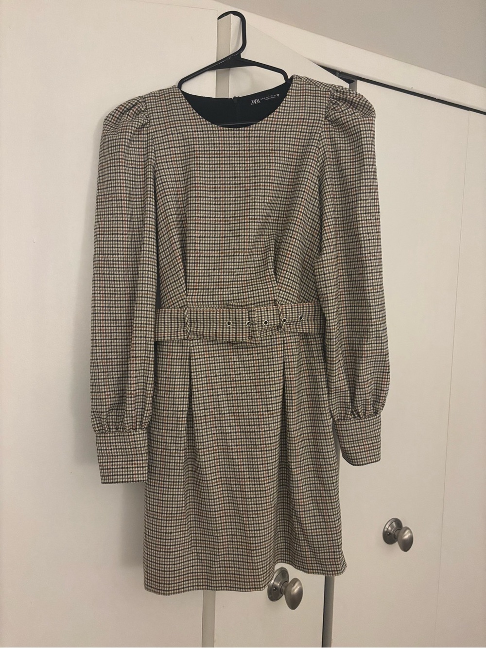 Zara Plaid Belted Puff-Sleeve Dress - XS